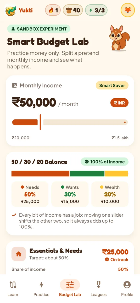 The Smart Budget Lab with an income slider and 50/30/20 split